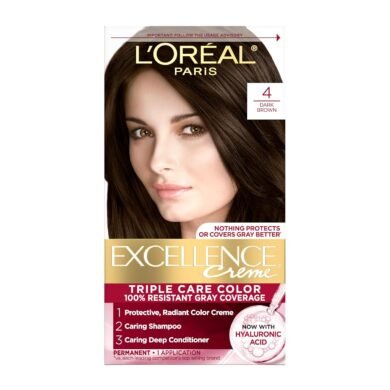 L'Oreal Paris Excellence Crème Permanent Hair Dye, Triple Care Hair Color with Hyaluronic Acid for 100% Gray Coverage, 4 Dark Brown, 1 Kit (Packaging May Vary)