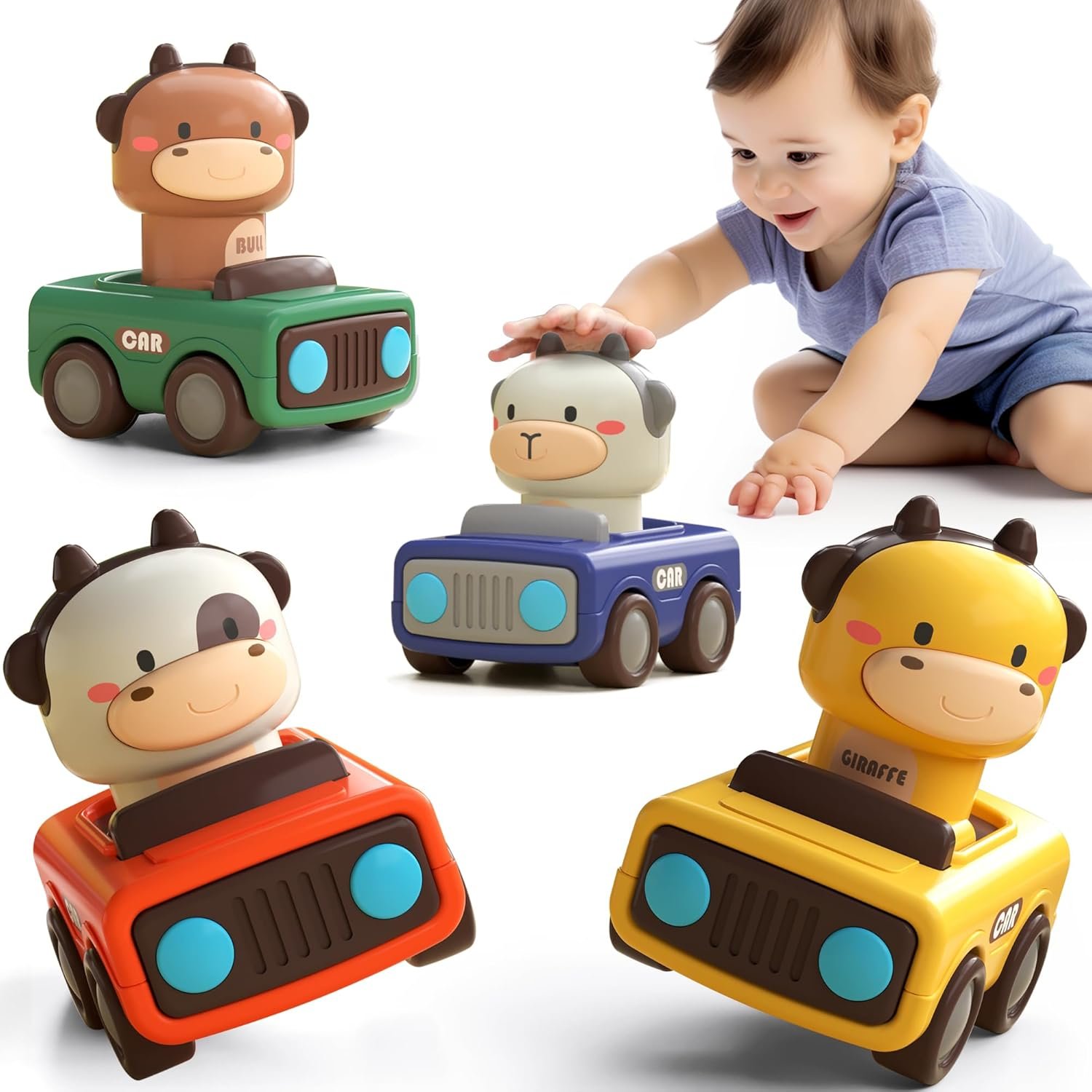 IPlay, iLearn Press to Go Car Toys for Toddlers 1-3, Baby Animal Racing Cars, Infant Play Vehicle Set, Baby Push Go Friction Car Toys for 6-9-12-18 Months, 1st Birthday Gifts for 1-2 Years Old Boys