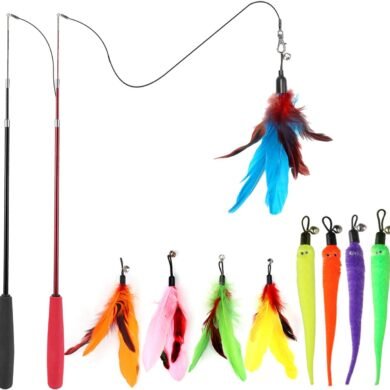 Cat Toys for Indoor Cats, Interactive Cat Toy 2PCS Retractable Wand Toy and 9PCS Cat Feather Toys Refills, Funny Kitten Toys Cat Fishing Pole Toy for Bored Indoor Cats Chase and Exercise