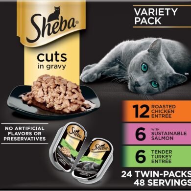 Sheba Perfect Portions Wet Cat Food Cuts in Gravy, Cat Food Wet Recipe, Roasted Chicken Entree, with Sustainable Salmon, Tender Turkey Entree, 2.6 oz. Twin-Pack Trays (24 Count, 48 Servings)