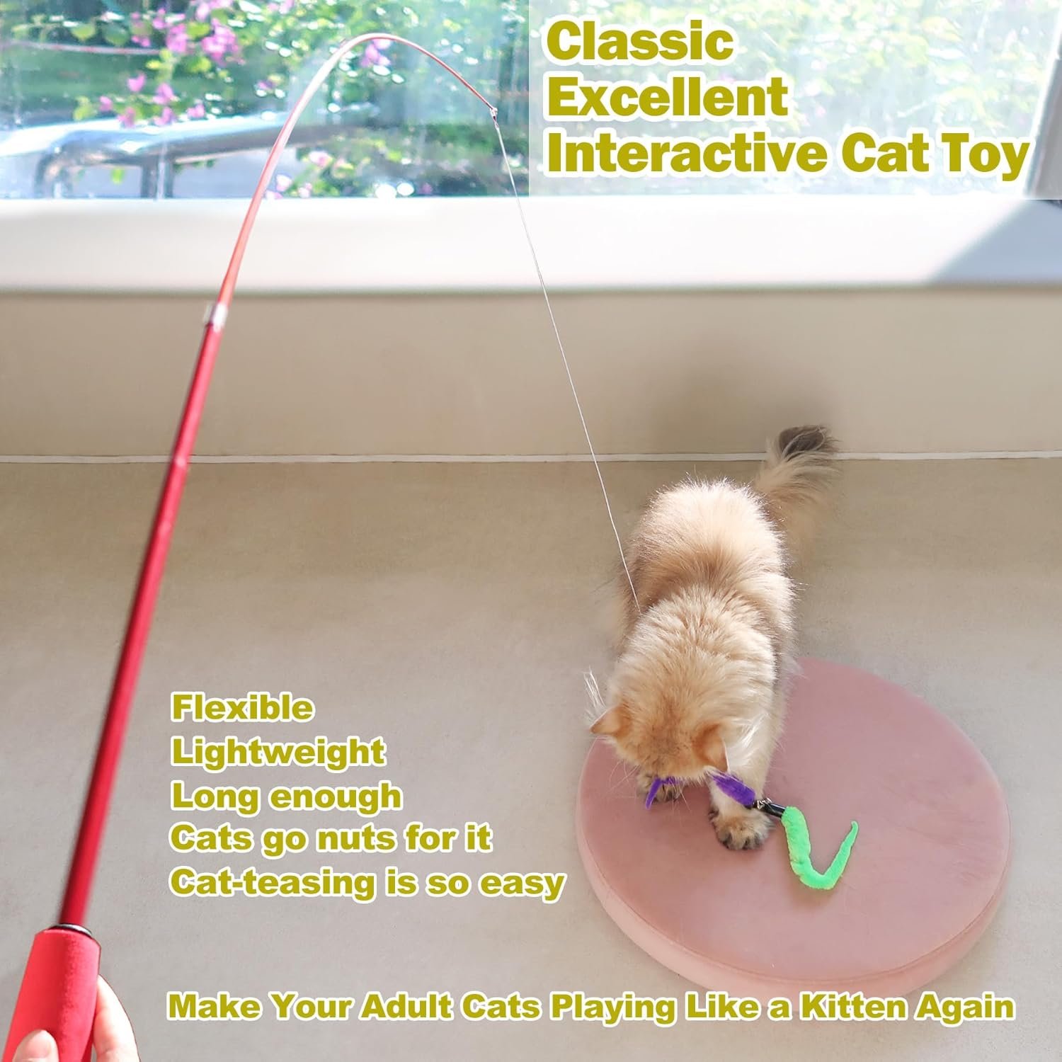 Cat Toys for Indoor Cats, Interactive Cat Toy 2PCS Retractable Wand Toy and 9PCS Cat Feather Toys Refills, Funny Kitten Toys Cat Fishing Pole Toy for Bored Indoor Cats Chase and Exercise - Image 2
