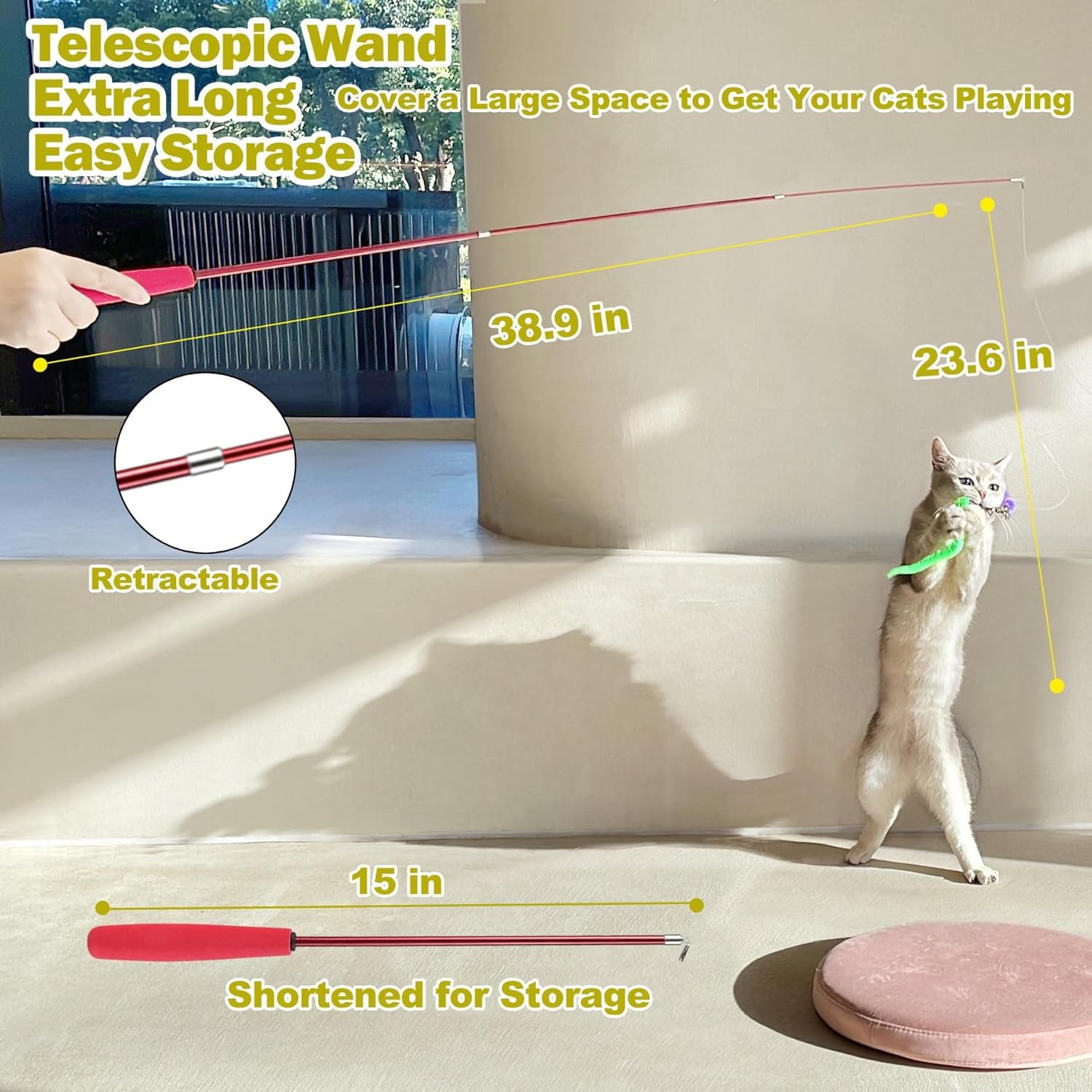 Cat Toys for Indoor Cats, Interactive Cat Toy 2PCS Retractable Wand Toy and 9PCS Cat Feather Toys Refills, Funny Kitten Toys Cat Fishing Pole Toy for Bored Indoor Cats Chase and Exercise - Image 3