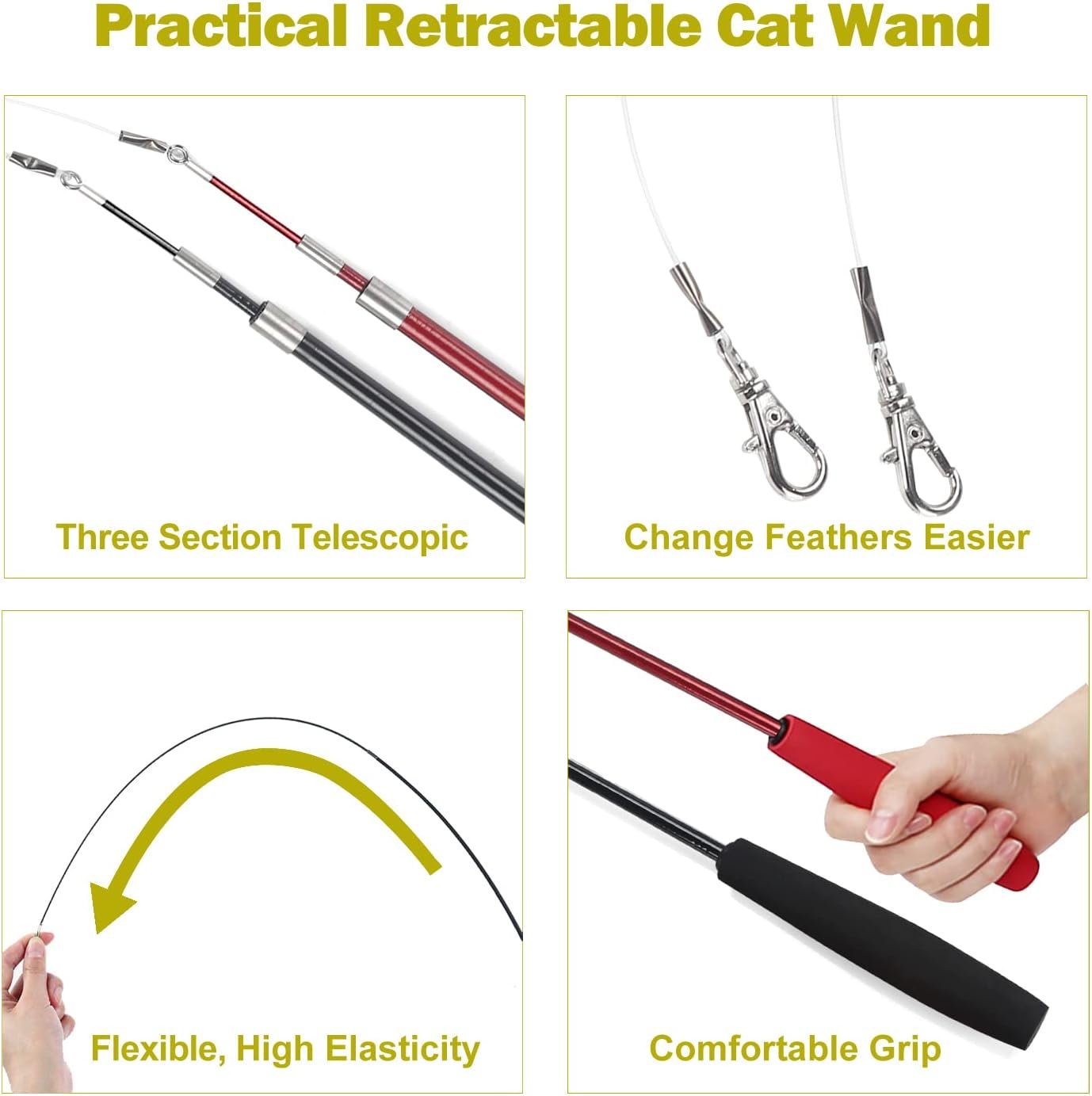 Cat Toys for Indoor Cats, Interactive Cat Toy 2PCS Retractable Wand Toy and 9PCS Cat Feather Toys Refills, Funny Kitten Toys Cat Fishing Pole Toy for Bored Indoor Cats Chase and Exercise - Image 4