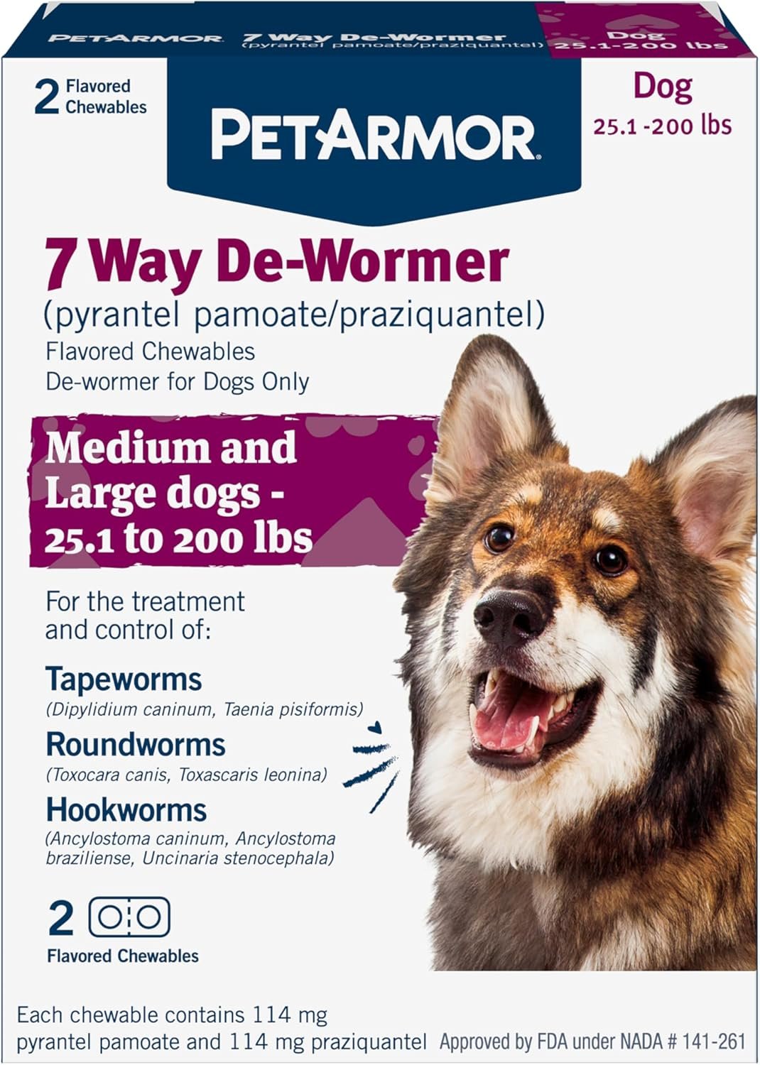 PetArmor 7 Way De-Wormer for Dogs, Oral Treatment for Tapeworm, Roundworm & Hookworm in Large Dogs & Puppies (Over 25 lbs), Worm Remover, Puppy Dewormer (Praziquantel & Pyrantel Pamoate), 2 Chewables