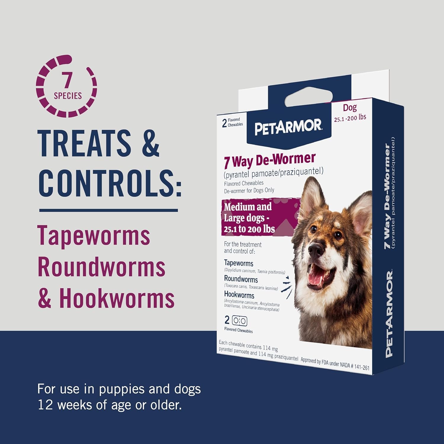 PetArmor 7 Way De-Wormer for Dogs, Oral Treatment for Tapeworm, Roundworm & Hookworm in Large Dogs & Puppies (Over 25 lbs), Worm Remover, Puppy Dewormer (Praziquantel & Pyrantel Pamoate), 2 Chewables - Image 3