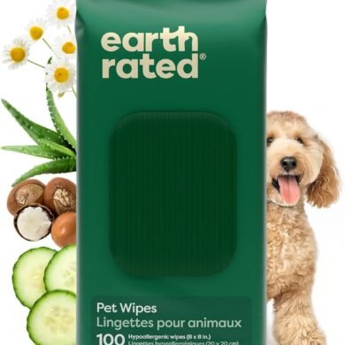 Earth Rated Pet Wipes for Dogs and Cats, Hypoallergenic, Cleaning and Hydrating, for Grooming Paws, Body and Butt, Unscented, 100 Count