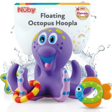 Nuby Floating Octopus with 3 Hoopla Rings - Baby & Toddler Bath Toy - No Hole Design Keeps Moisture Out - Fine Motor Skills - 18+ Months - Great Baby Pool Toys