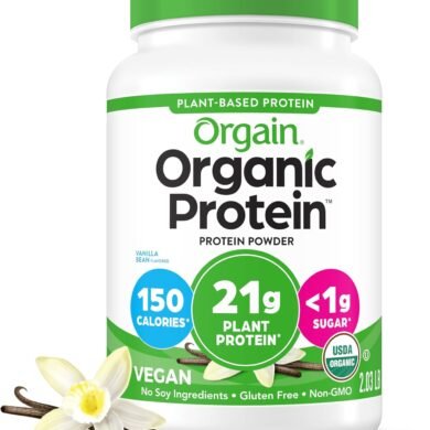 Orgain Organic Vegan Protein Powder, Vanilla Bean - 21g Plant Protein, 6g Prebiotic Fiber, No Lactose Ingredients, No Added Sugar, Non-GMO, For Shakes & Smoothies, 2.03 lb (Packaging May Vary)