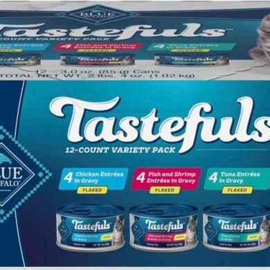 Blue Buffalo Tastefuls Flaked Wet Cat Food Variety Pack, Made with Natural Ingredients, Tuna, Chicken, Fish & Shrimp, 3-oz Cans (12 Count, 4 of Each)