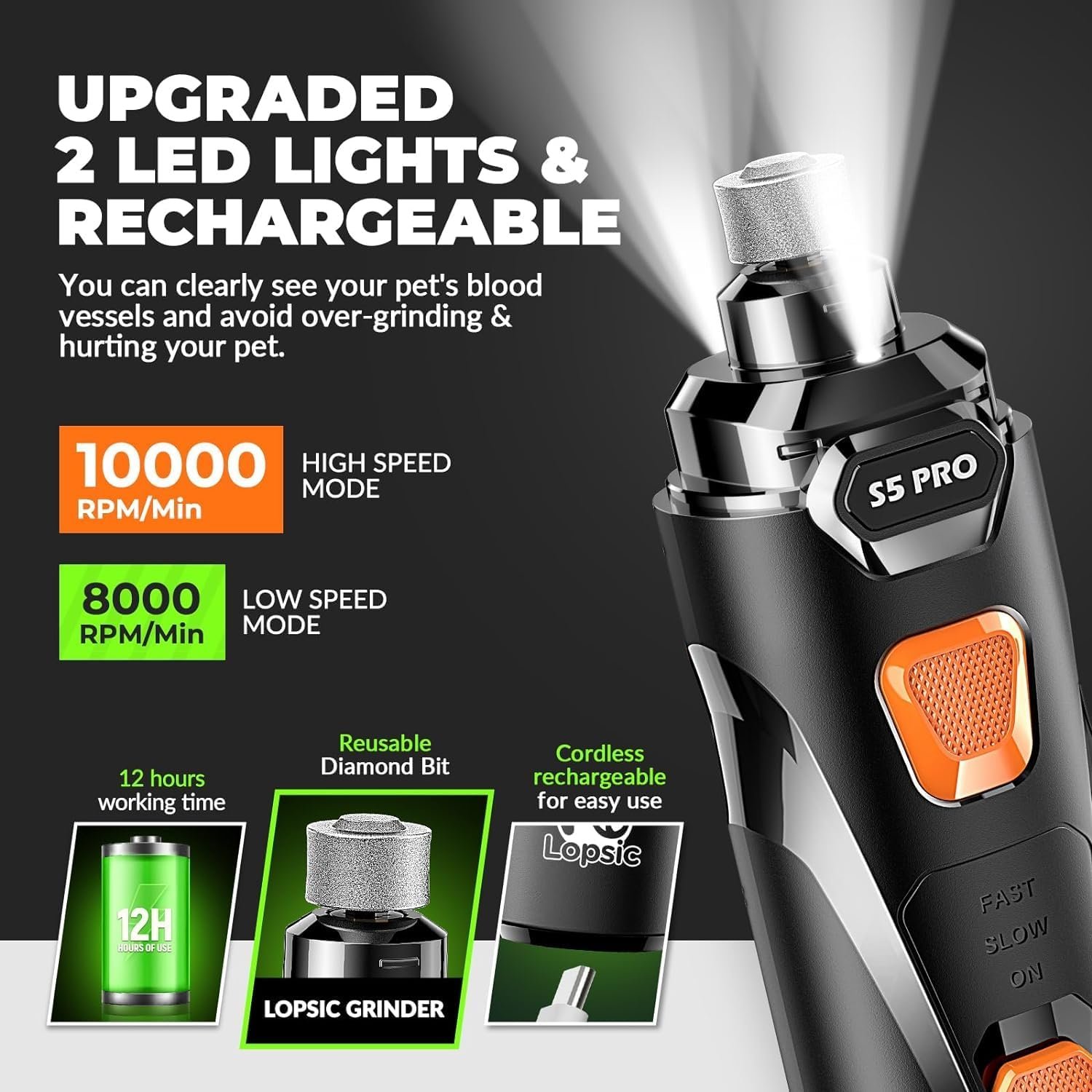 Dog Nail Grinder with 2 LED Lights Powerful 2 Speeds Super Quiet Dog Nail Trimmers with 3 Grinding Wheels Rechargeable Pet Dog Nail Clippers for Large Medium Puppy Dogs Dog Nail File Cat Nail Clipper - Image 3