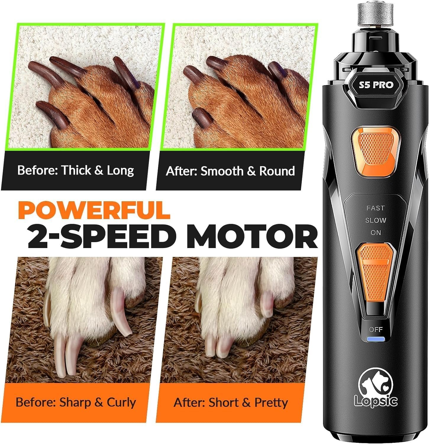 Dog Nail Grinder with 2 LED Lights Powerful 2 Speeds Super Quiet Dog Nail Trimmers with 3 Grinding Wheels Rechargeable Pet Dog Nail Clippers for Large Medium Puppy Dogs Dog Nail File Cat Nail Clipper - Image 4