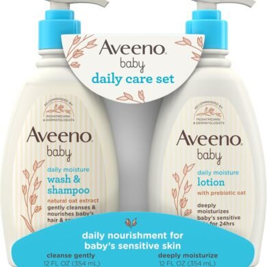 Aveeno Baby Daily Care Gift Set with Oat Extract & Prebiotic Oat, Contains Daily Moisturizing Body Lotion & Gentle 2-in-1 Baby Bath Wash & Shampoo, Hypoallergenic & Paraben-Free, Two Pack