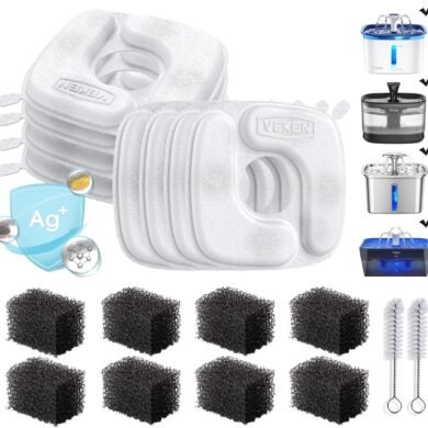 Veken Cat Water Fountain Filters, 8 Pack Replacement Filters & 8 Pack Replacement Pre-Filter Sponges Set for 50oz, 84oz, 95oz or 108oz Automatic Pet Fountain Dog Water Dispenser