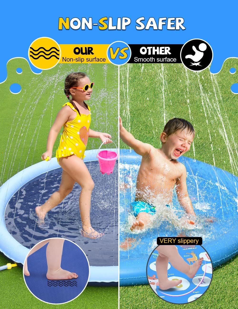 VISTOP Non-Slip Splash Pad for Kids and Dog, Thicken Sprinkler Pool Summer Outdoor Water Toys - Fun Backyard Fountain Play Mat for Baby Girls Boys Children or Pet Dog (59 inch, Red&Yellow&Green&Blue) - Image 2
