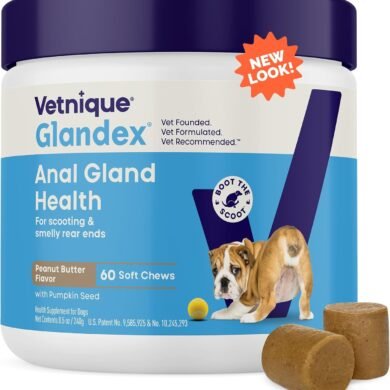 Vetnique Glandex Anal Gland Soft Chew Treats with Pumpkin for Dogs Digestive Enzymes, Probiotics Fiber Supplement for Dogs Boot The Scoot (Peanut Butter Chews, 60 Count)