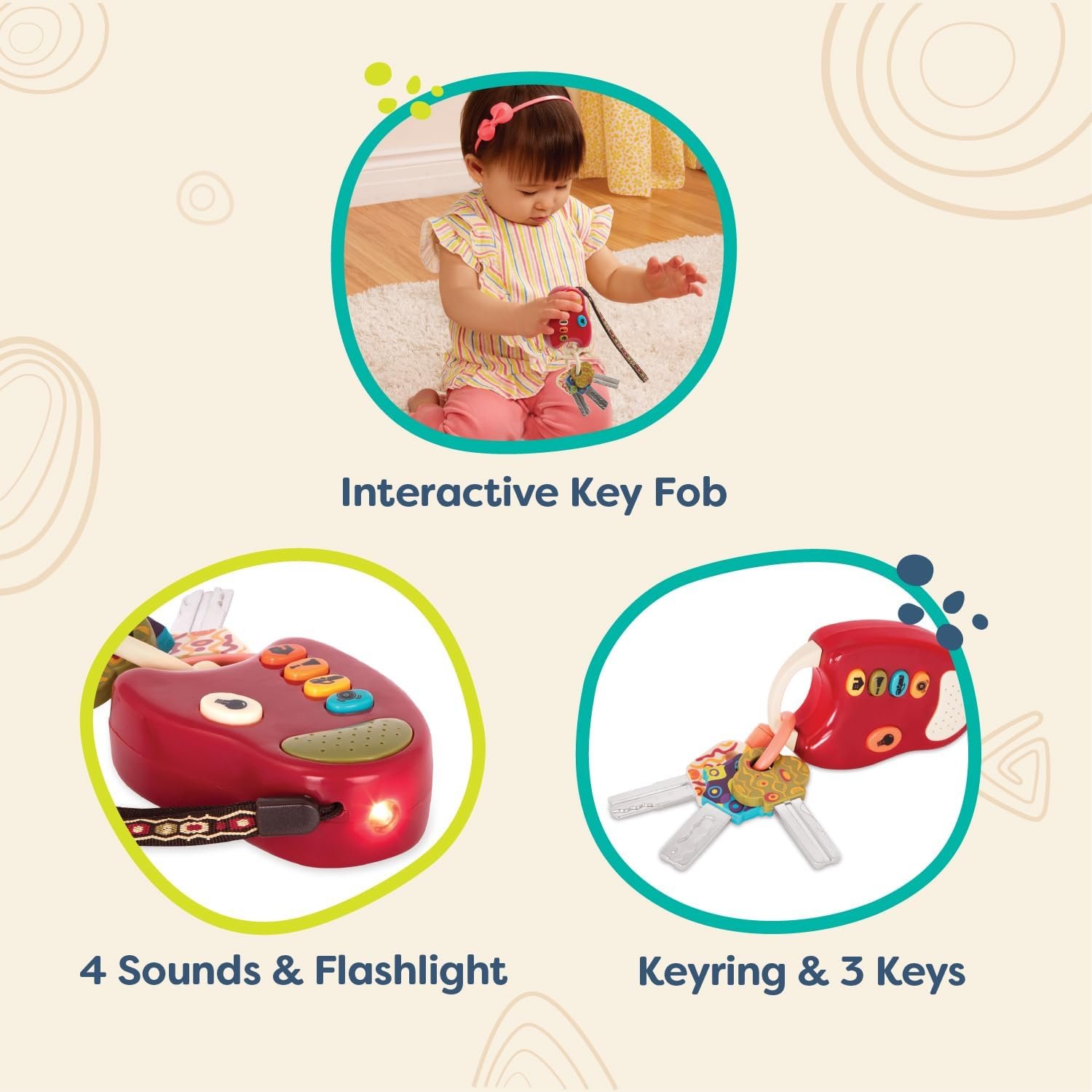 B. toys – Toy Car Keys with Lights & Sounds – FunKeys – Interactive Baby Toy for Toddlers – Pretend Play Keys with Realistic Sounds & Colorful Design – Encourages Fine Motor Skills – 10+ Months – Red - Image 3