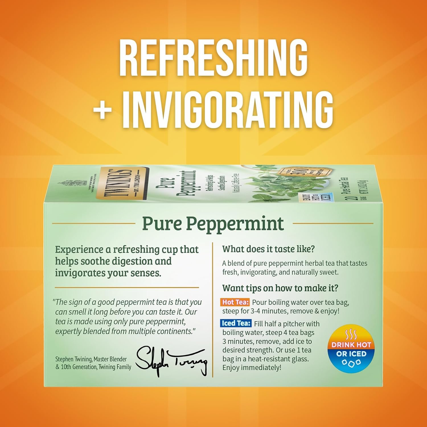 Twinings Pure Peppermint Herbal Tea Individually Wrapped Bags, 20 Count (Pack of 1), Fresh Minty Flavour, Naturally Caffeine-Free, Enjoy Hot or Iced, 20 Teabags - Image 2