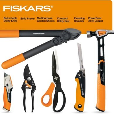 Fiskars House Essentials for New Home Tool Set, 6 Piece Kit w/Loppers, Garden Scissors, Pruners, Folding Saw, IsoCore Hammer, & Utility Knife, Indoor DIY & Outdoor Gardening, Great Housewarming Gifts