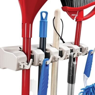 HOME IT Mop And Broom Holder Wall Mount - Garage Storage Systems with 5 Slots, 6 Hooks, 7.5lbs Capacity Per Slot - Garden Tool Organizer For Home, Kitchen, Closet, Garage, Laundry Room - Off-White