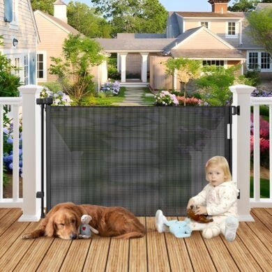 Weatherproof Outdoor Retractable Gate for Dogs with No Rust Stainless Steel Screws and Rods, 55" Wide Waterproof Retractable Baby Gates, Scratch-Resistant Mesh Safety Outdoor Pet Gate for Deck, Black