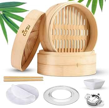 Bamboo Steamer Basket for Dumplings, Bao & Veggies | Authentic Flavor, Natural Bamboo Steamer | 10.2 Inch Universal Ring, 2 Silicone Liners | Dumpling Press & Chopsticks